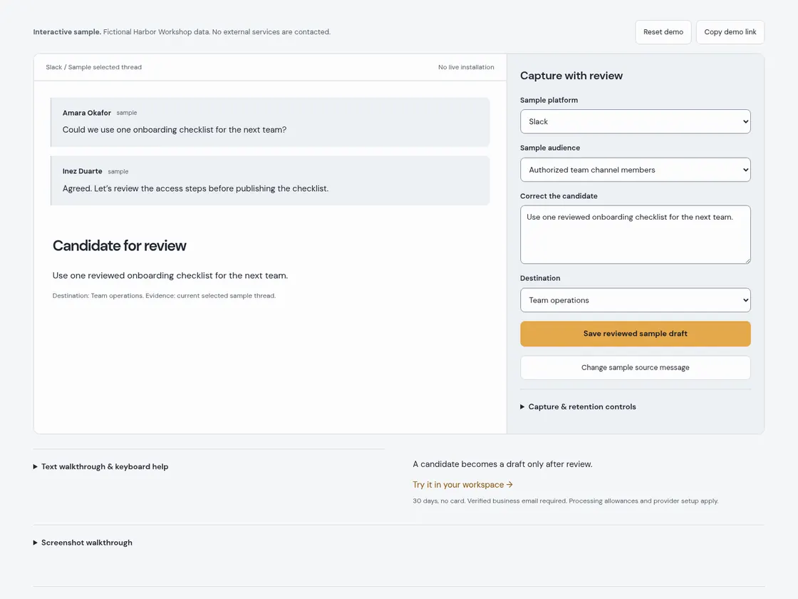 Reviewed chat capture: Starting sample and available controls